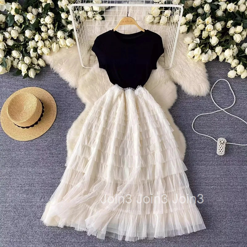 Sweet Ruffles Gauze Dress for Women Slim Waist Short Sleeve Tunic Robe Femme 2025 Vestidos De Mujer Fashion Summer Maxi Dresses