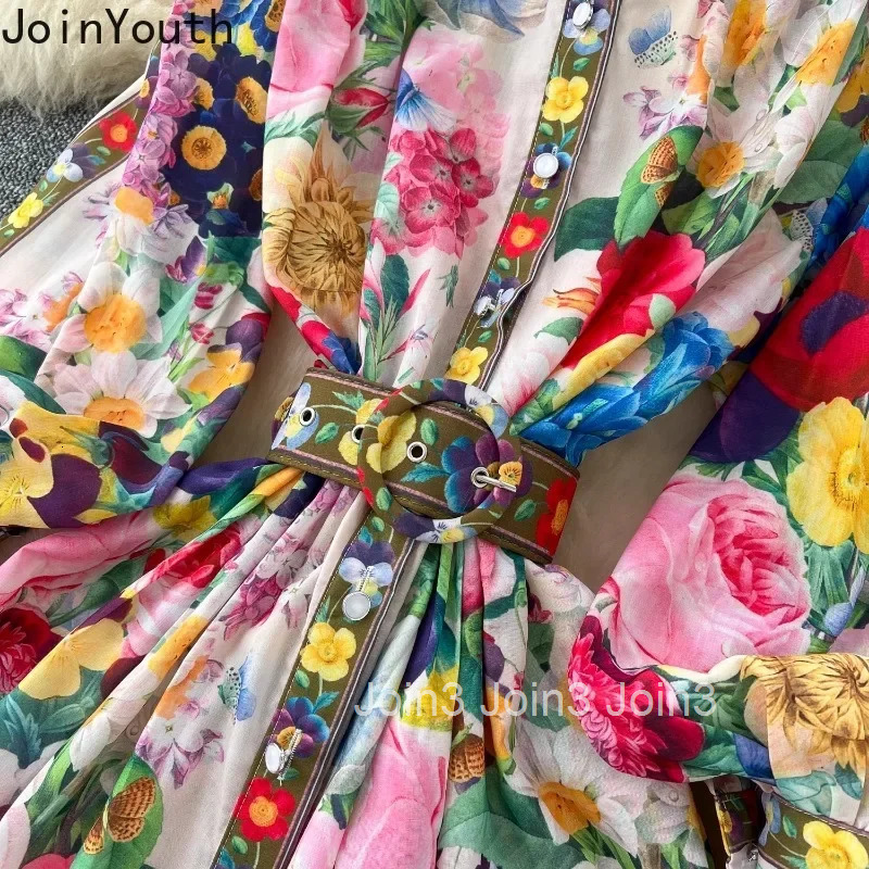 2025 Vestidos De Mujer Maxi Dresses for Women Stand Neck Lantern Sleeve Vintage Robe Femme Single Breasted Floral Summer Dress