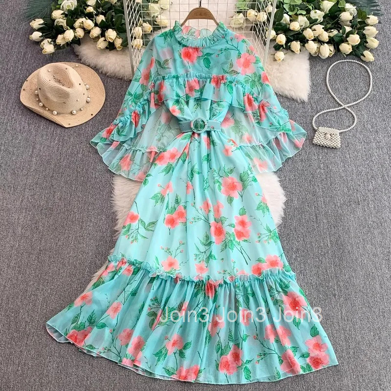 Floral Sweet Dresses Women Clothes O-neck Flare Sleeve Slim Waist Robe Femme 2025 Vestidos De Mujer Ruffles Chiffon Summer Dress