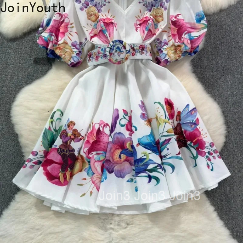 Woman Evening Dress Fashion V Neck Puff Sleeve Mujer Belt Print Vintage Slim Party Dresses Elegant Panelled High Waist Vestidos