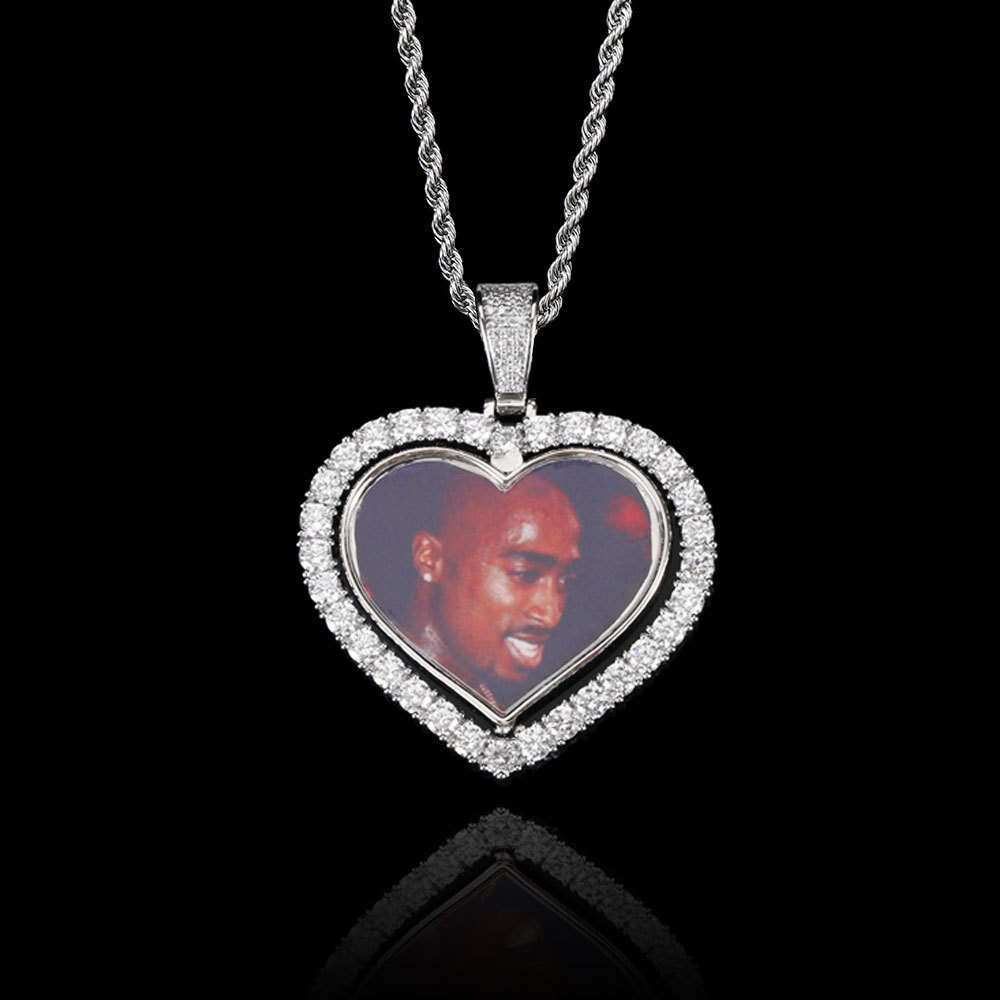 Hip Hop Rotatable Double-Sided Heart Micro-Paved Zircon Commemorative Frame Necklace Photo Pendant 2100