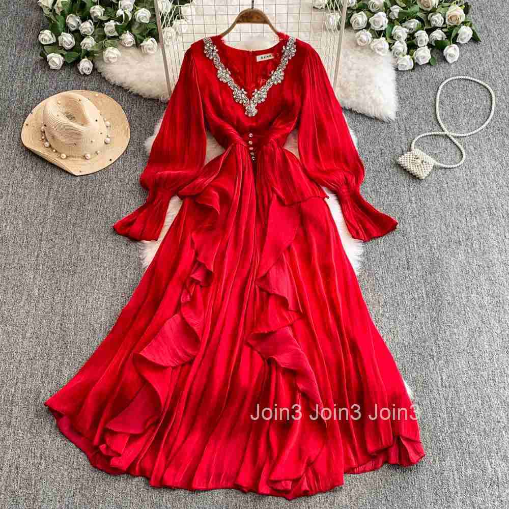 Temperament Robe Femme V-neck Flare Sleeve Dresses for Women 2025 Vestidos De Mujer Chic Diamond Ruffles Elegant Pleated Dress