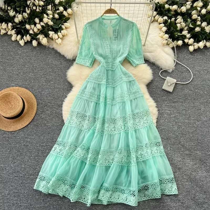 Summer Dresses for Women Slim Waist Short Sleeve Vintage Robe Femme Patchwork Lace Hollow Out Maxi Dress 2025 Vestidos De Mujer