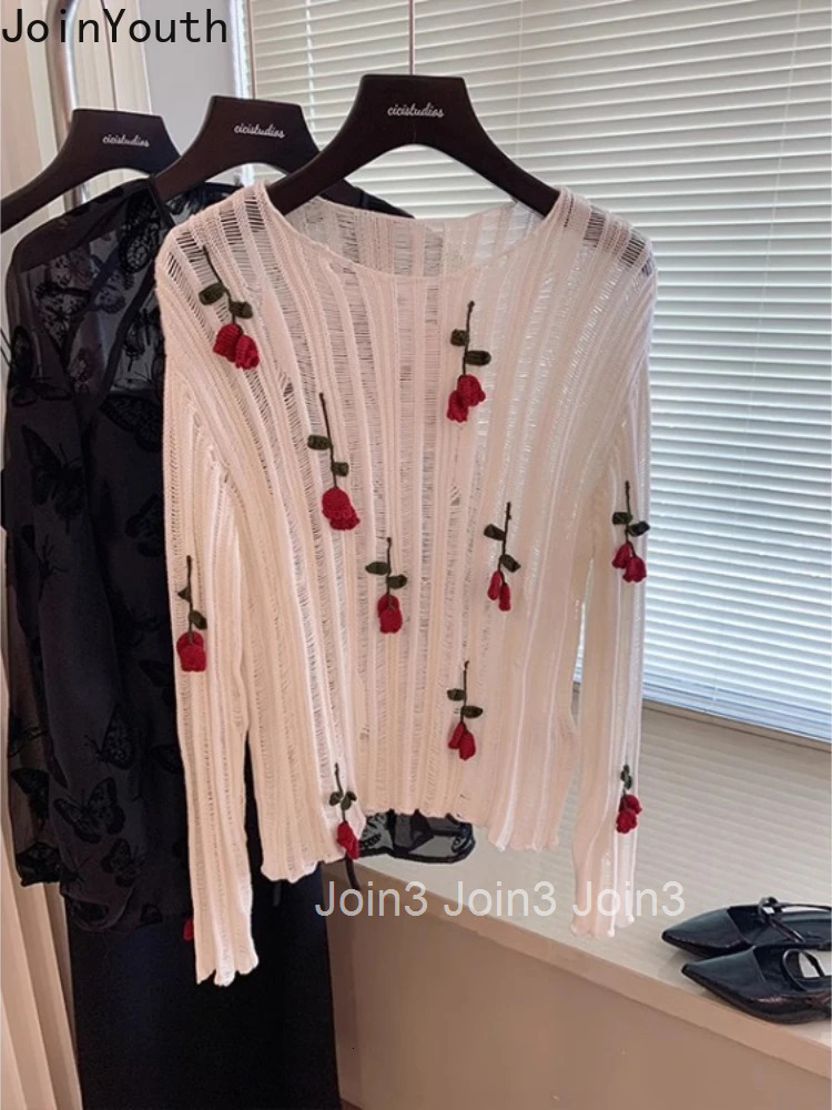 Korean Sueter Mujer Knit Thin Pullovers 2025 Women Clothing O-neck Long Sleeve Floral Pull Femme Embroidery Hollow Out Sweater