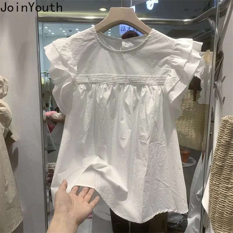 Korean Blouse for Women Flying Sleeve O-neck Loose Shirts 2025 Blusas Mujer De Moda Vintage Summer Tops Chic Sweet White Blouses