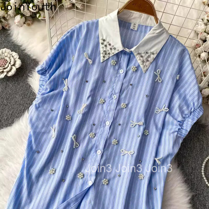 2025 Blusas Mujer De Moda Summer Blouses Womens Clothes Beading Loose Vintage Shirts Short Sleeve Fashion Striped Blouse Tops