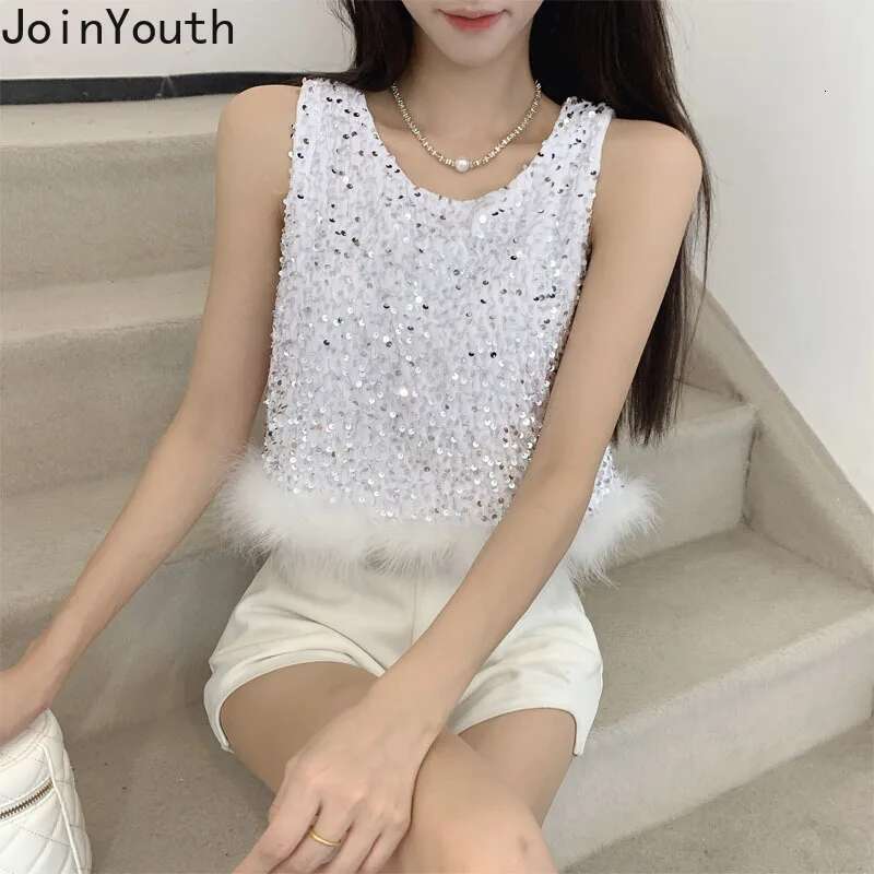 Women Clothing Korean Tanks O-neck Sleeveless Feather Temperament Vest Chic Summer Camis Heavy Sequin Crop Tops 2025 Ropa Mujer