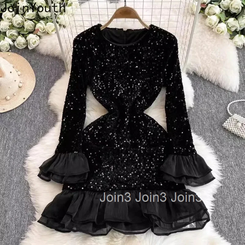 Party Sexy Woman Dress 2025 Vestidos De Mujer Slim Waist Tunic Temperment Robe Femme Heavy Sequin Ruffles Bodycon Mini Dresses