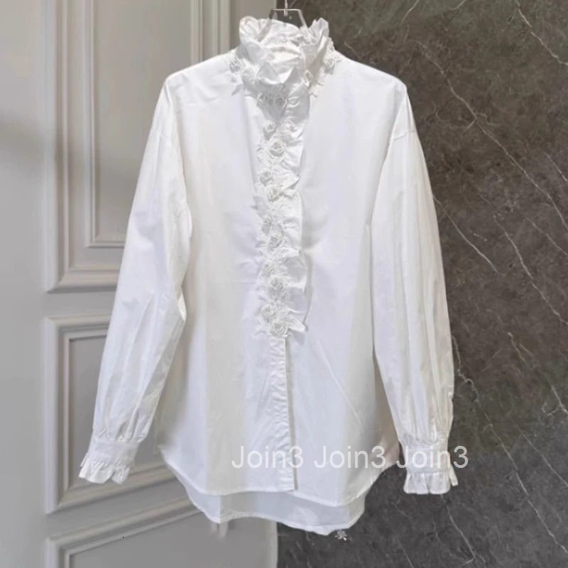 White Blouse Women Clothing Stand Neck Long Sleeve Vintage Shirts 2025 Blusas Mujer De Moda Loose Ruffles Beading Floral Tops