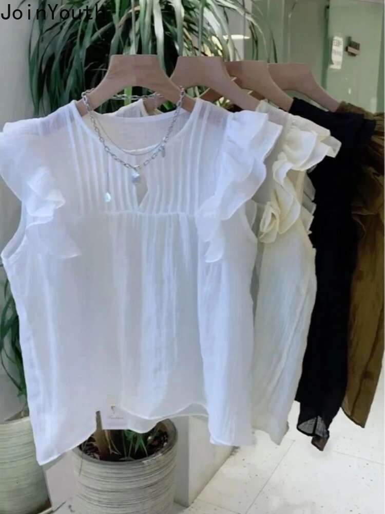 White Blouses for Women 2025 Blusas Mujer De Moda Sleeveless O-neck Loose Shirts Ruffles Loose Vintage Summer Blouse Tops Female