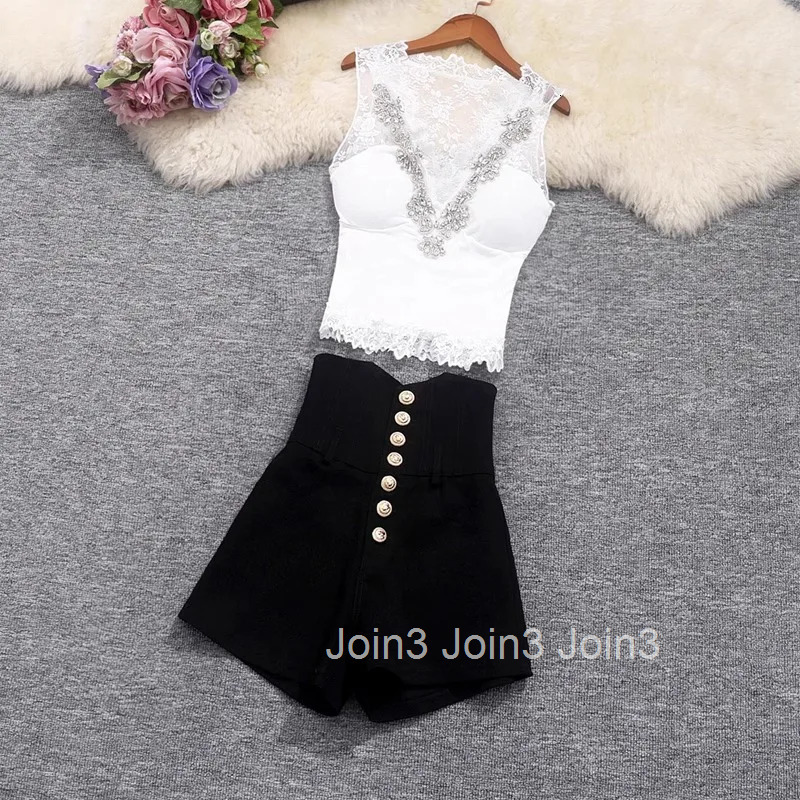 2 Piece Set Temperament Women Clothes Patchwork Lace Diamond Vest Single Breasted High Waist Wide Leg Shorts Suit Summer Outfits