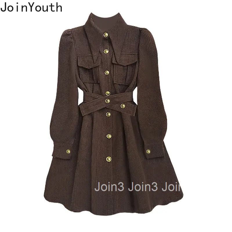 2025 Vestidos De Mujer Dresses for Women Bandage Slim Waist Temperament Robe Femme Single Breasted A-line Chic Vintage Dress