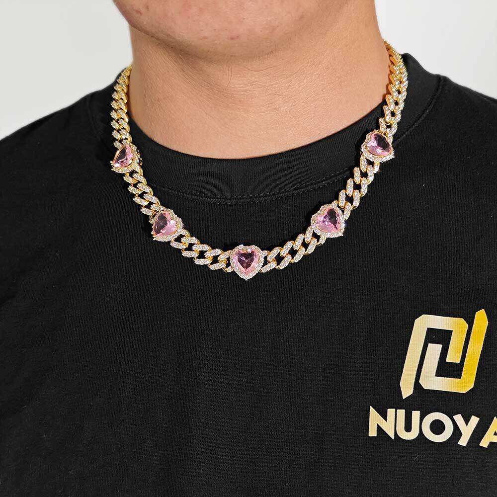 10mm Pink Zircon Jewelry for Men Hip Hop Cuban Chain Heart Women Necklace f1d6