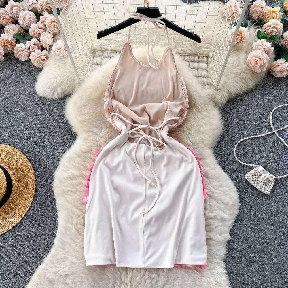 Halter Sleeveless Gradient Sequin Basic Hollow Backless Fashion Sexy Chic Elegant Party Vestidos Slim Women Dress