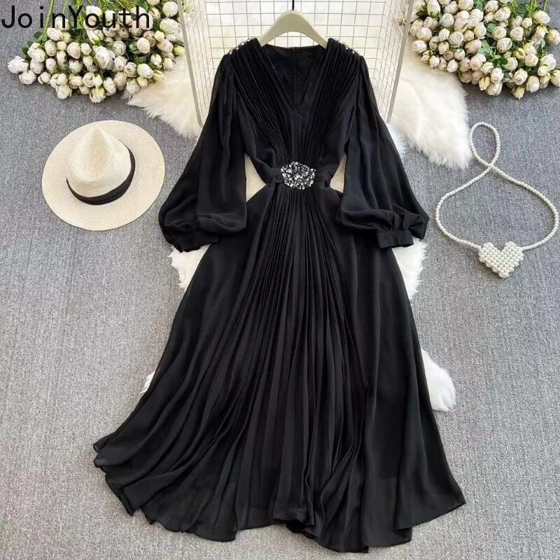 Elegant Maxi Dresses Holidays Chic Ropa Mujer V Neck Lantern Sleeve Chiffon Slim Waist Vestido Femme Pleated Big Swing Dress
