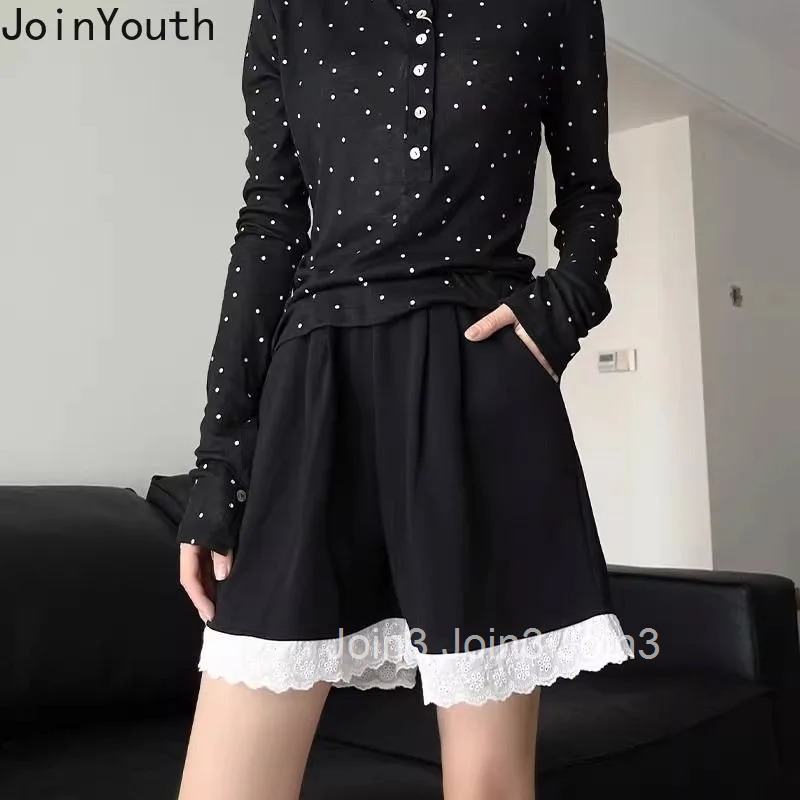 Patchwork Lace Cute Shorts Womens Clothing Casual Sweet Y2k Wide Leg Pants Japanese Pantalones Cortos De Mujer 2025 New Bottoms