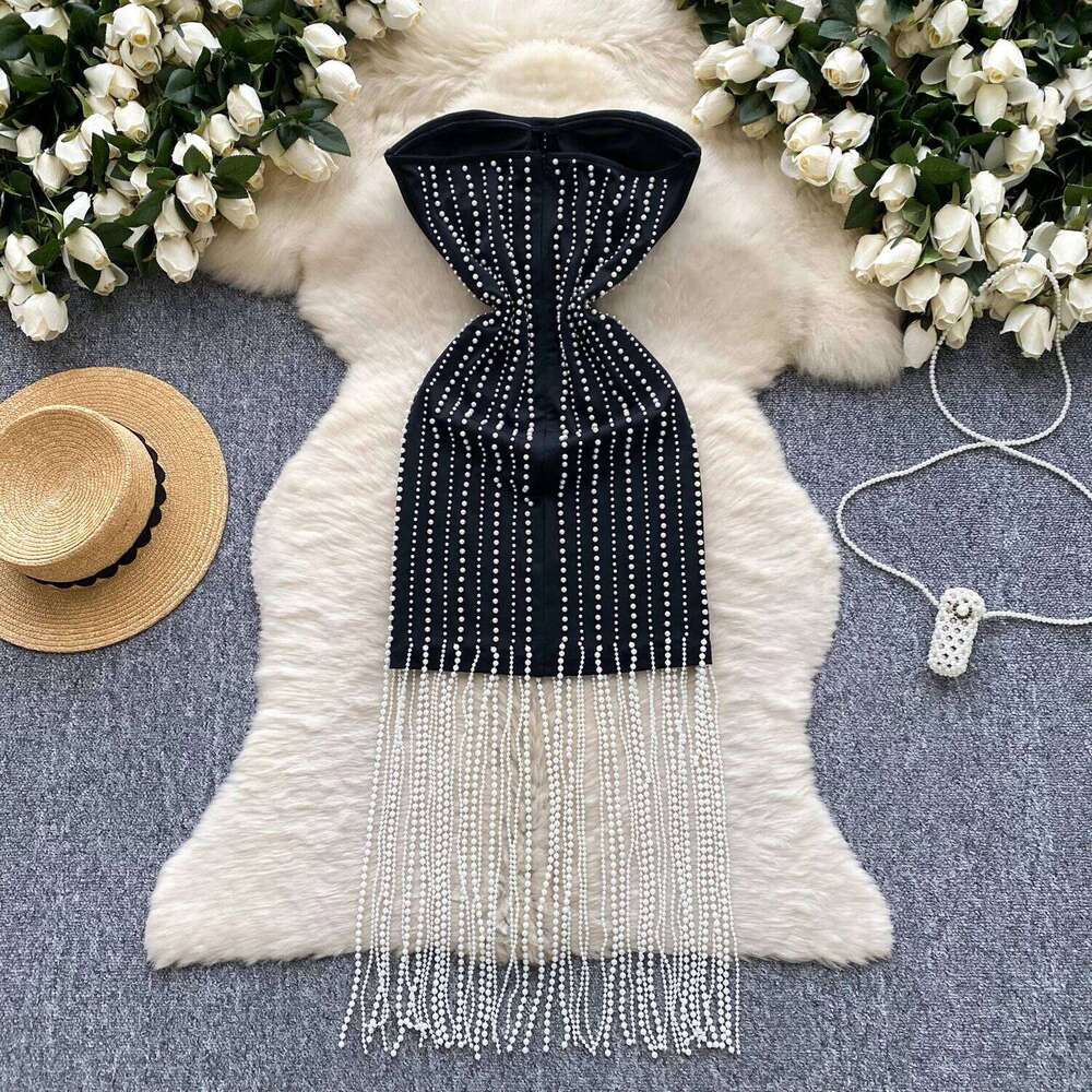 Chic Elegant Tassel Beading Korean Fashion Fairy Sexy High Waist Vestidos Summer Vacation Ceremony Dresses