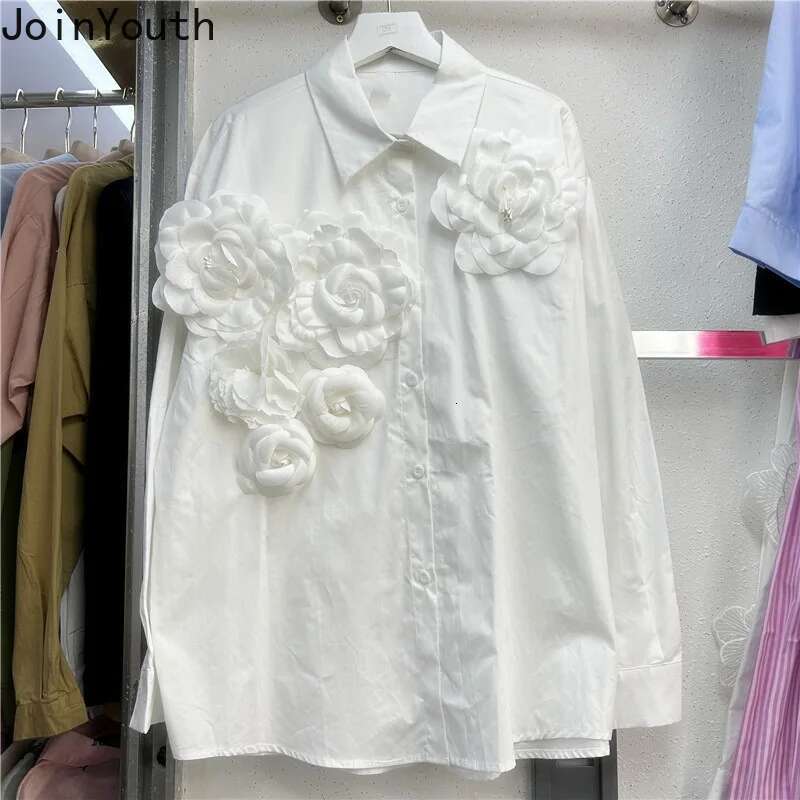 Vintage Blouse Womens Clothing Solid Color Long Sleeve Shirts Loose Fashion Korean 3D Floral Tops 2025 Blusas Mujer De Moda