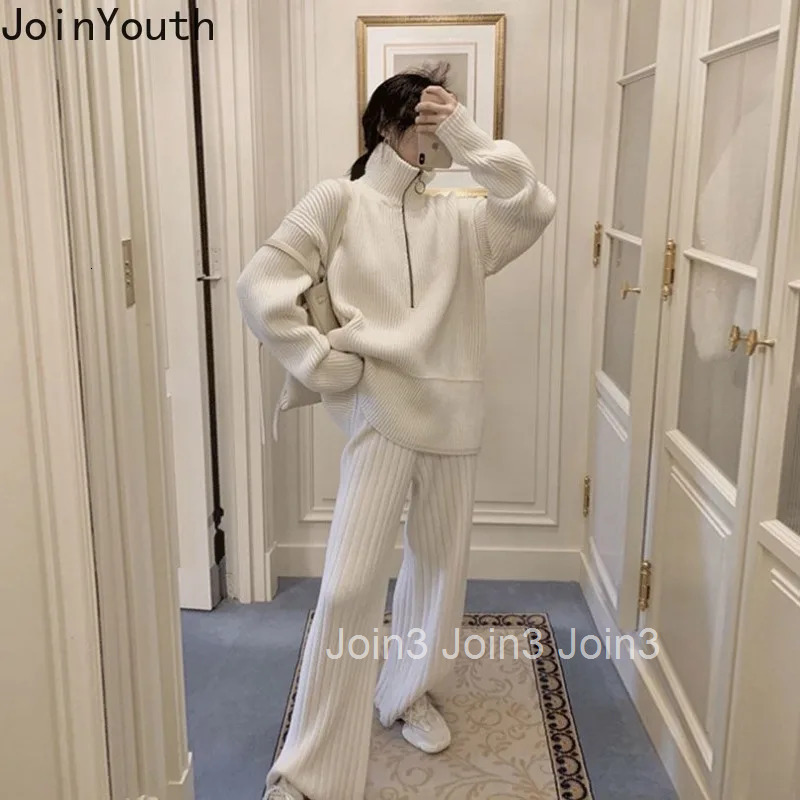 Knitted Women Piece Sets Roupas Femme Half Zipper Oversized Pullovers Straight Wide Leg Pants Suit Fashion Casual Korean Outfits