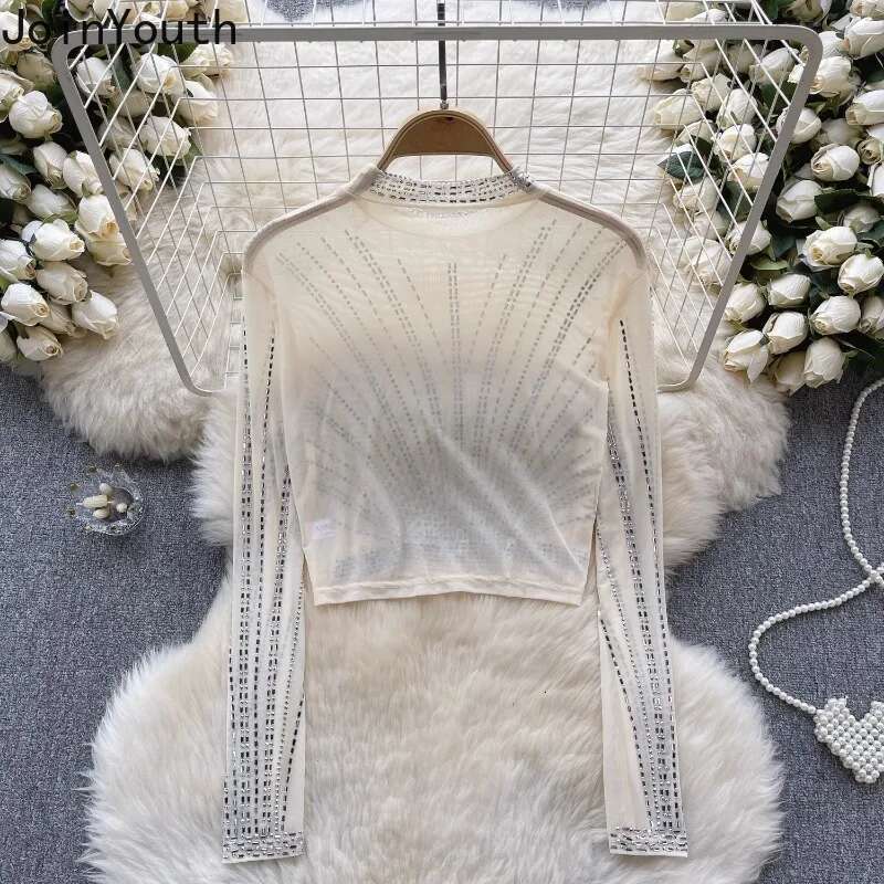 Fashion Tshirts Womens Clothing Heavy Diamond Tunic Tees 2025 Ropa Mujer Crop Tops Sexy See Throught Gauze T Shirt Y2k T-shirt
