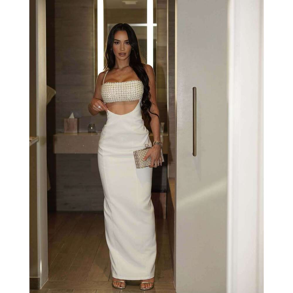 White Skirt Maxi Skirt High End Women S White Sequin Backless Strap Waist Cinching Knitted Bandage Long Dress Long Skirt