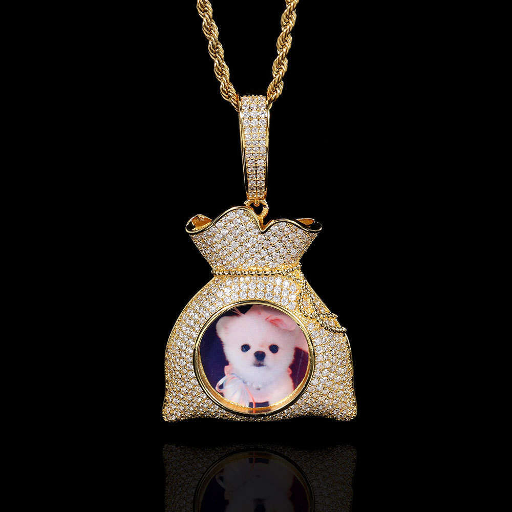 Hip Hop Photo Frame Pendant Micro Paved Zircon Money Bag Creative DIY Personalized Necklace 417e