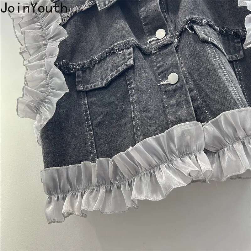 Patchwork Ruffles Denim Vests Womens Clothes 2025 Ropa Mujer Crop Tops Fashion Waistcoat Casual Korean Summer Tassel Y2k Tanks