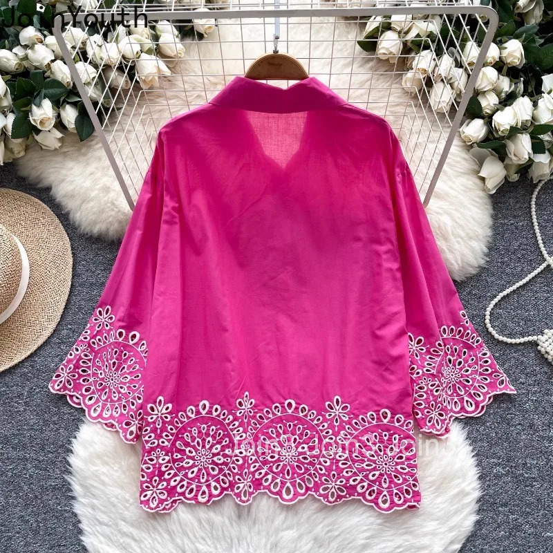 2025 Blusas Mujer De Moda Vintage Blouses Women Clothing Hollow Out Embroidery Flare Sleeve Shirt Loose White Summer Blouse Tops