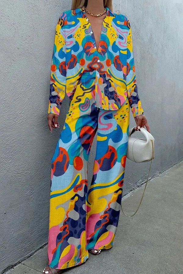 Fashion Casual Printed 2 Piece Set Loose Lapel Long Sleeve Button Shirt High Waist Wide Leg Pants Suit Spring Vacation Style 250617