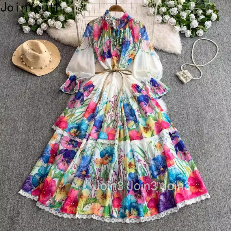 Maxi Dresses Womens Clothing Bandage Slim Waist Floral Robe Femme Bow Single Breasted Lace Summer Dress 2025 Vestidos De Mujer
