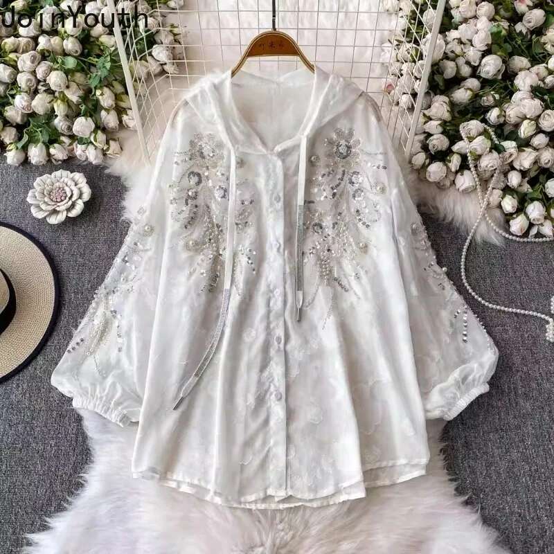 2025 Blusas Mujer De Moda Heavy Sequin Beading Blouse Womens Clothing Long Sleeve Loose Hooded Shirts Temperament Tops Female