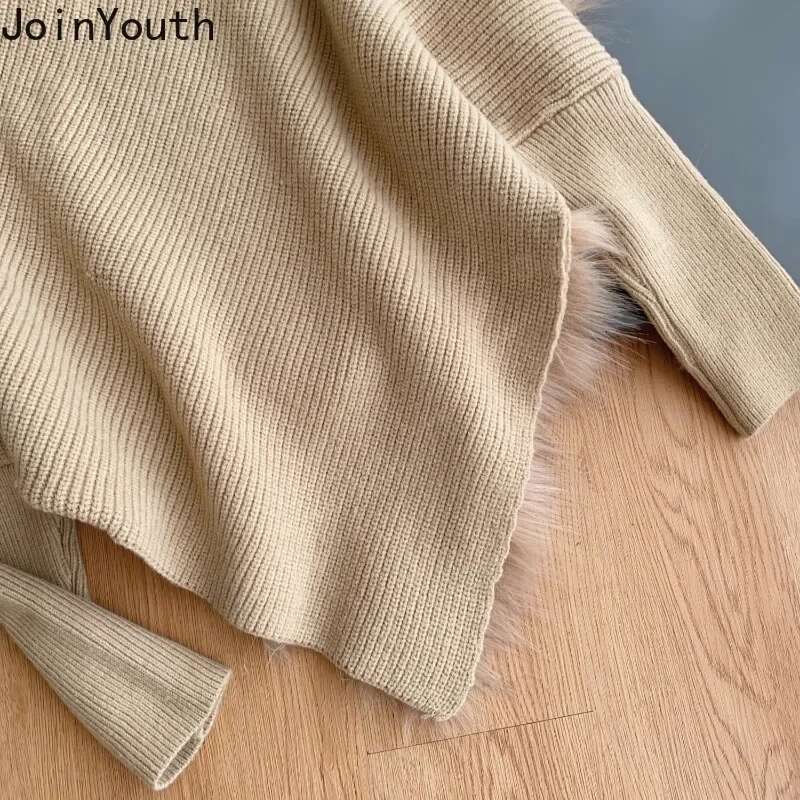 Temperament Jumper Patchwork Furry Pullovers Women Clothing Fashion Irregular Sueter Mujer Single Breasted Knitting Sweater Tops