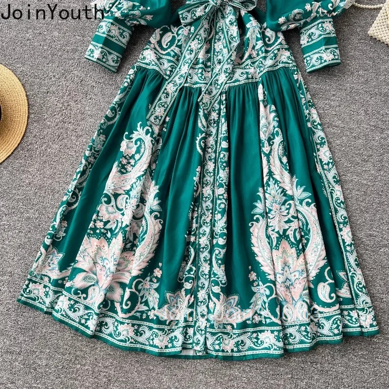 Vintage Dress Womens Clothing Stand Neck Lantern Sleeve Slim Waist Single Breasted Robe Femme Floral Summer Loose Maxi Dresses