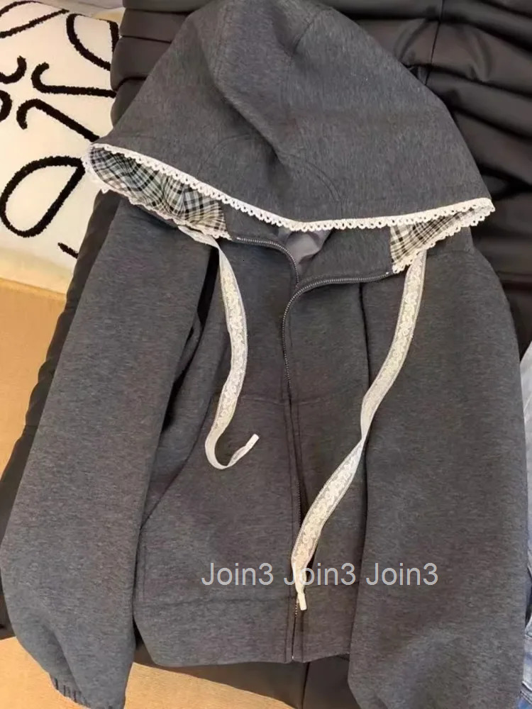 Vintage Women Hoodie Jackets 2025 Womens Clothing Patchwork Lace Hooded Zipper Sweatshirts Crop Tops Causal Fashion Y2k Hoodies
