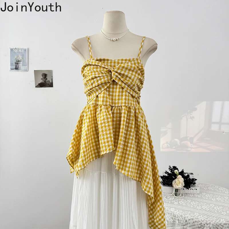 Summer Tees Ruffles Irregular Tanks Womens Clothing Korean Camis Crop Tops Tunic Fashion Plaid Folds Sweet Vest 2025 Ropa Mujer