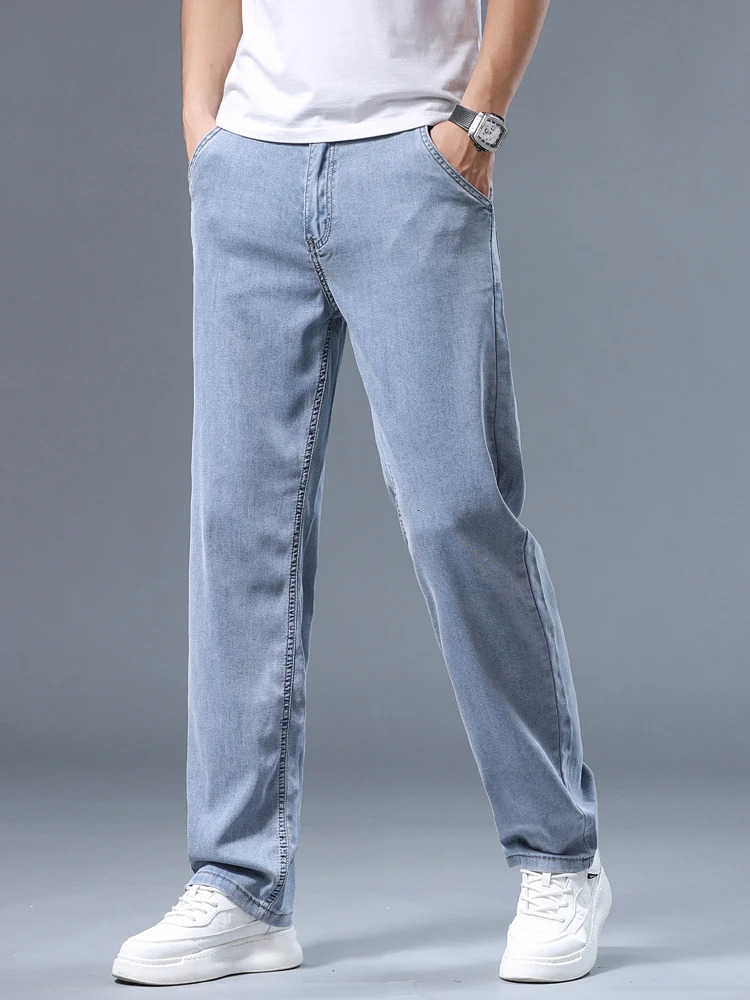 Summer Ultra-thin Mens Jeans Lyocell Soft Breathable Loose Straight Light Blue Denim Pants Business Casual Ice Silk Trousers 250618