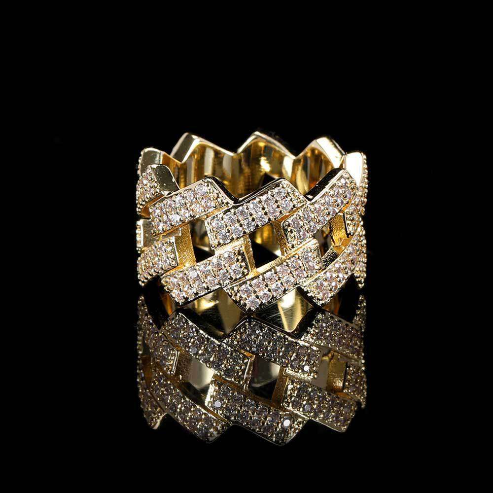 14mm Diamond-Shaped Cuban Real Gold Plated Double Row Zircon Trendy Hip Hop Men's Ring 8d34