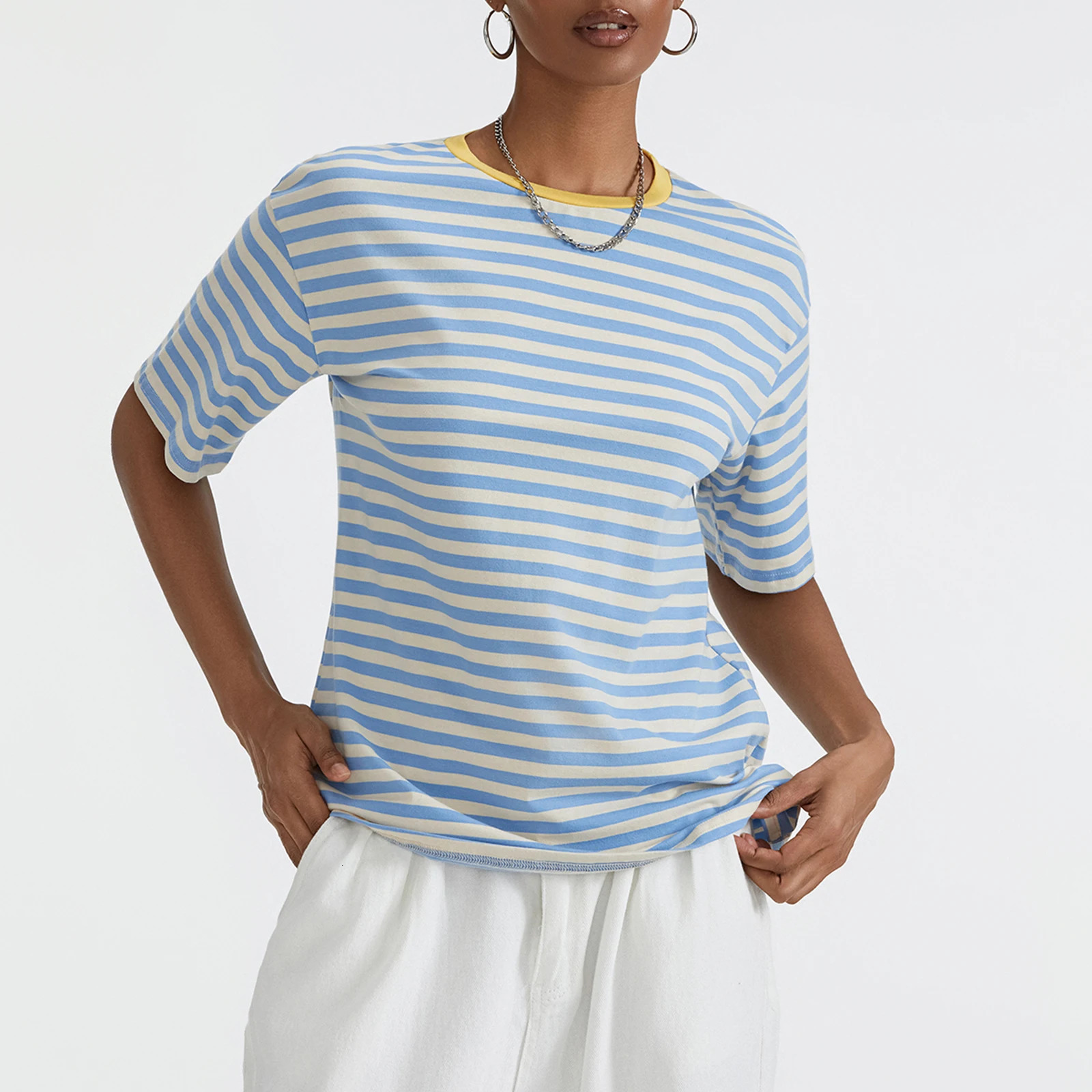 Puloru Summer Striped Loose T-Shirts Womens Oversized Short Sleeve Crew Neck Casual Tops for Street Daily Basic Pullovers 250619