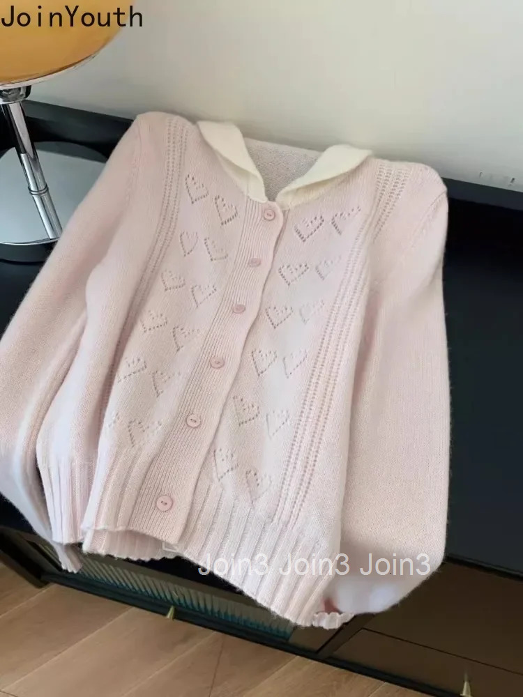 Pink Cardigan Coat Fall Winter Women Clothing Pull Femme Korean Sweet Sueter Mujer Love Crochet Casual Vintage Knitted Sweater