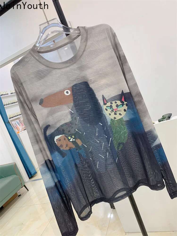 O-neck Tie-dye Tshirts Womens Clothes Long Sleeve Tunic Gauze Camisetas Fashion Tees Y2k Tops Print See Through Summer Tshirt