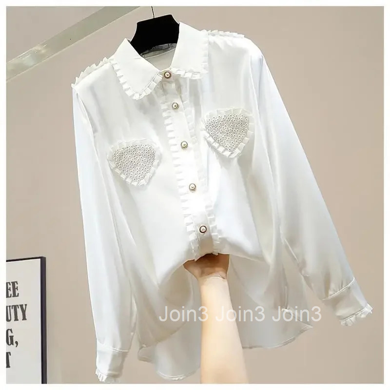 2025 Camisas De Mujer Peter Pan Collar Long Sleeve Blouse Women Clothes Beading Ruffles Shirts Vintage Loose Korean Blouses Tops