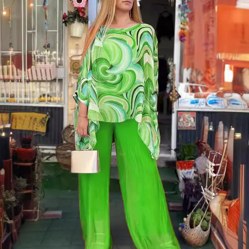 Colorful Pattern Printed Chiffon Outfits Long Sleeve Loose Top And Wide Leg Pants Set Women Elegant Two Piece Set Fashion Suits 250617