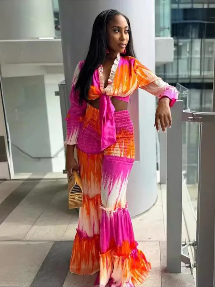 Fashion Womens Set Printed Tie Up Hem Long Sleeve Shirt Wide Leg Pants 2025 Beach Summer Two 2 Pieces Set Outfits Tracksuit 250617