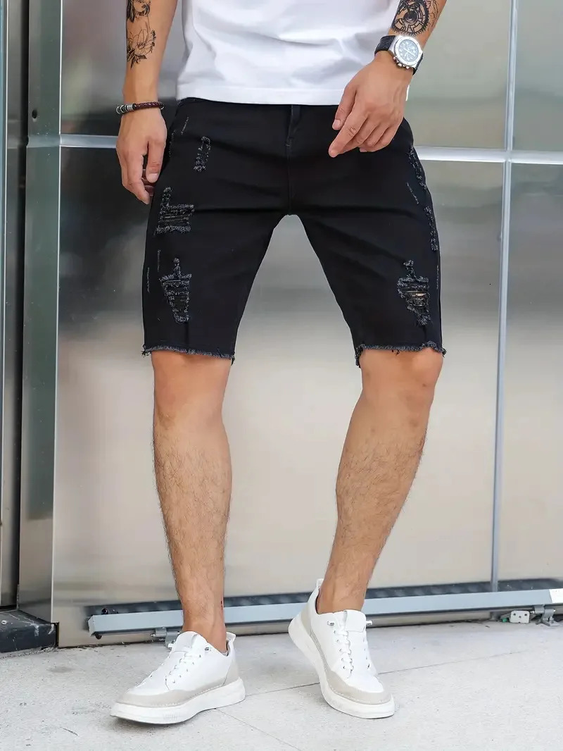 Summer Ripped Jeans Men Stretch Denim Shorts Male Short Jeans Slim Straight Shorts Fashion Black Jeans Man Clothes Streetwear 250617