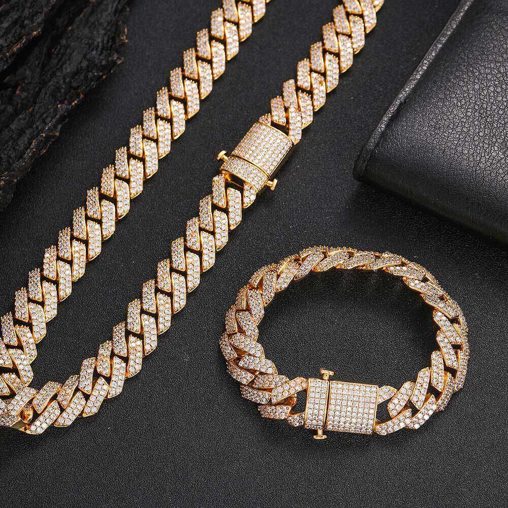 15mm Elastic Buckle Dia Cuban Chain Zircon Necklace Hip Hop Men's Bracelet Personality Jewelry 8601