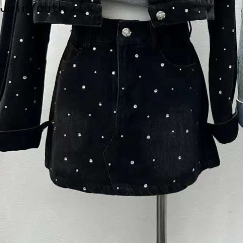 Korean Two Piece Sets Womens Outfits Temperament Crop Coat High Waist Bodycon Mini Skirt Suit Roupas Femme Diamond Denim Set