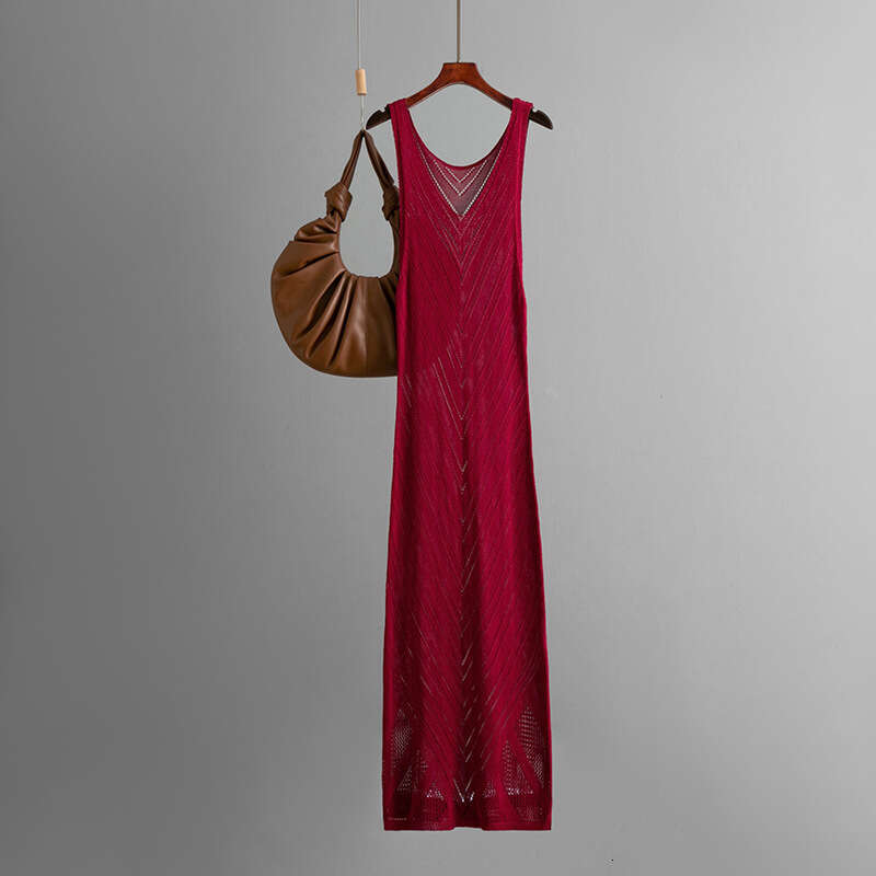 Knitted V-neck Hollow Sexy Split Vacation Long Beach Bikini Cover-up Dress