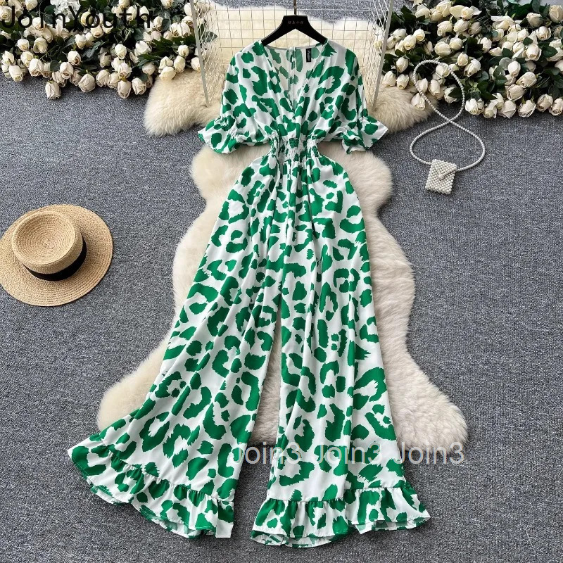 Floral Jumpsuit Womens Clothing V-neck Short Sleeve Elastic Waist Wide Leg Pants Bodysuit Chic Vintage Rompers Summer Playsuit