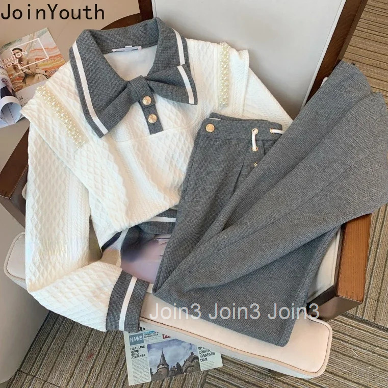 Fashion 2 Piece Set Women Clothing Preppy Style Bow Sweet Hoodies High Waist Wide Leg Pants Outfits Korean Sweatpants Y2k Suit