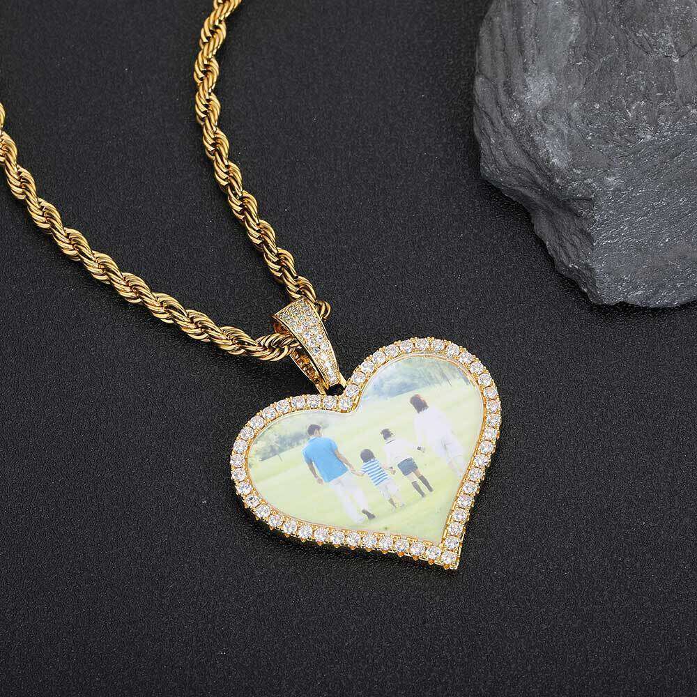 Medium Heart Men's Necklace Hip-Hop DIY Creative Photo Frame Zircon Pendant ed6e